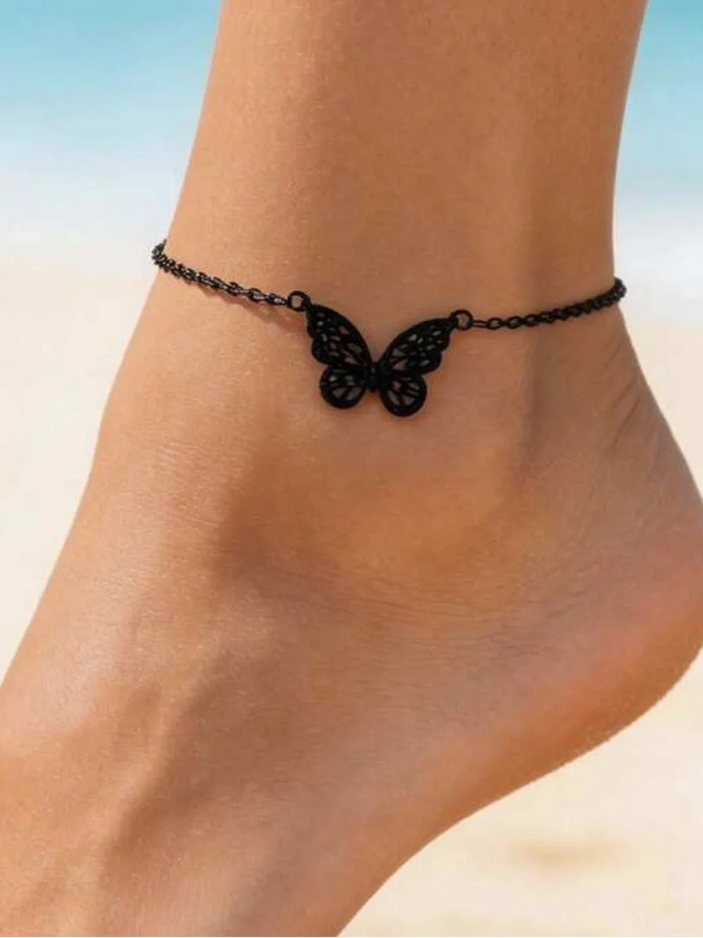 Gothic Style Black Crystal Hollow Butterfly Anklet